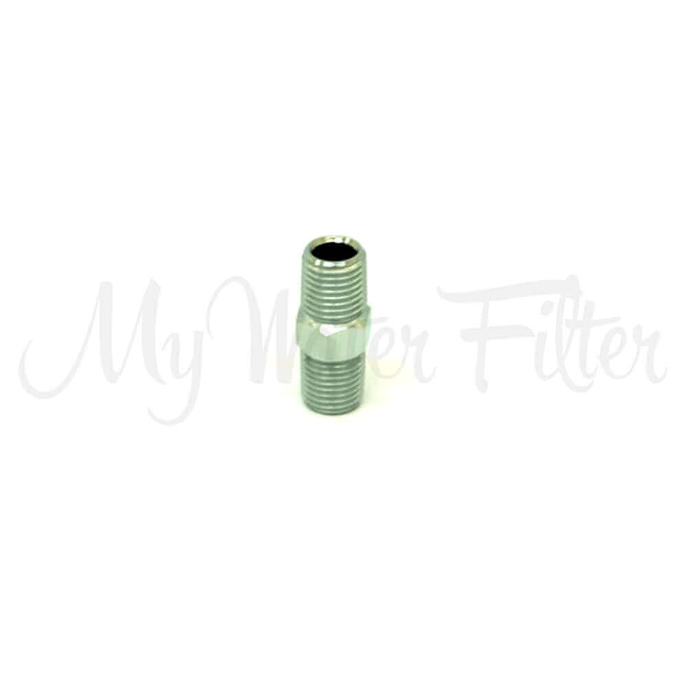 Close-up of a Hex Brass Nipple 1/4" x 1/4" Male NPT connector featuring a cylindrical, metallic design.