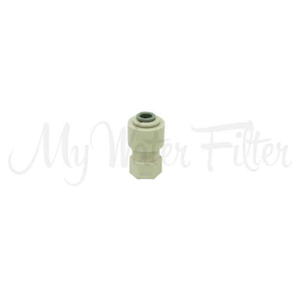 A small, white plastic John Guest fitting with a threaded end and an open top is displayed on a white background, featuring a 7/16" faucet connection to a 1/4" push-in tube.