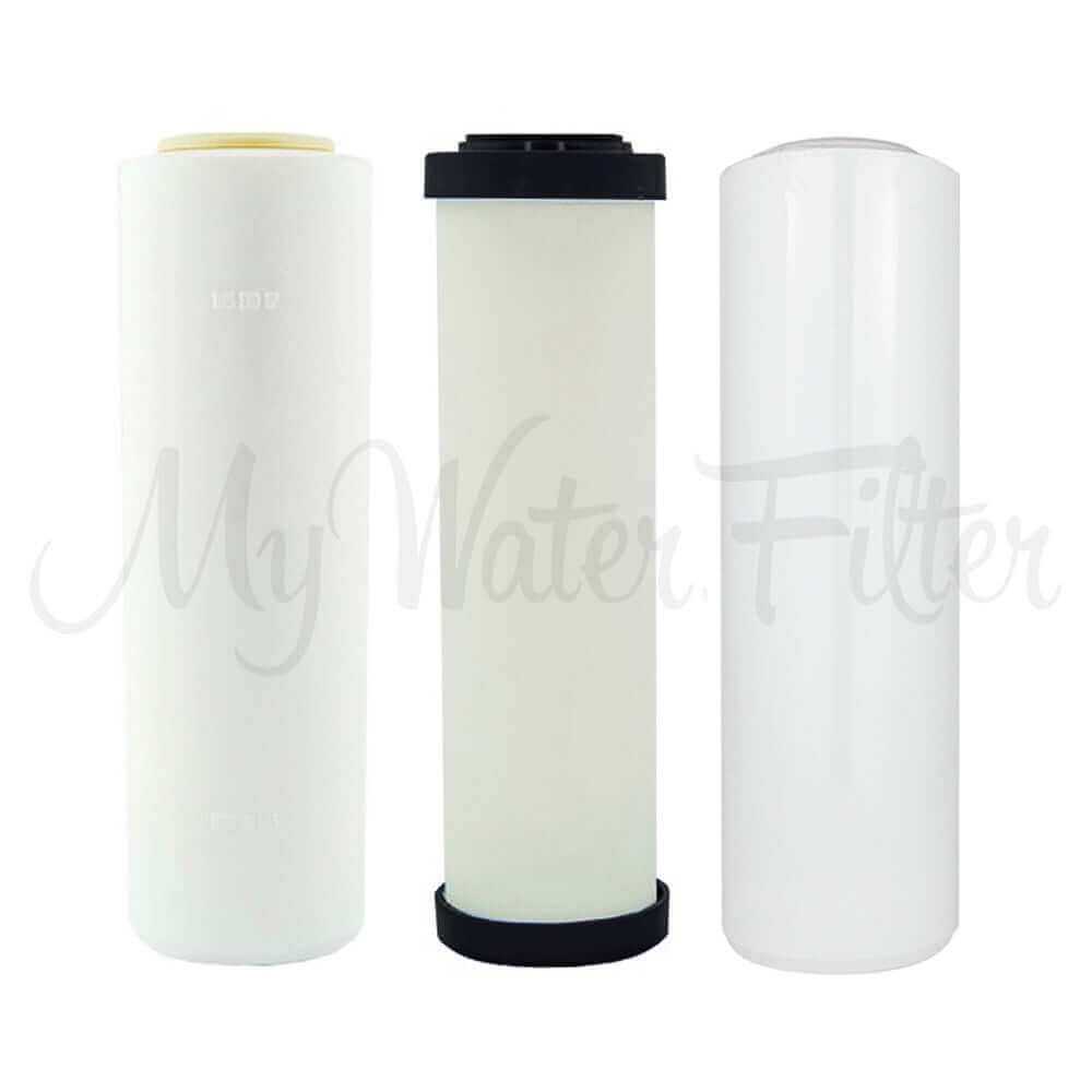Three water filter cartridges: Fluoride Removal, Doulton Ultracarb, Alkaline Cartridge. These cartridges are the Replacement Cartridge Pack for Doulton Ultracarb 0.5 Micron 10" Triple Benchtop/Under Sink City Water Filter with Fluoride Removal & Alkaline, recognized for its excellent filtration properties.