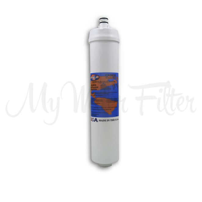 A white Omnipure CK5620 water filter cartridge with a blue and orange label