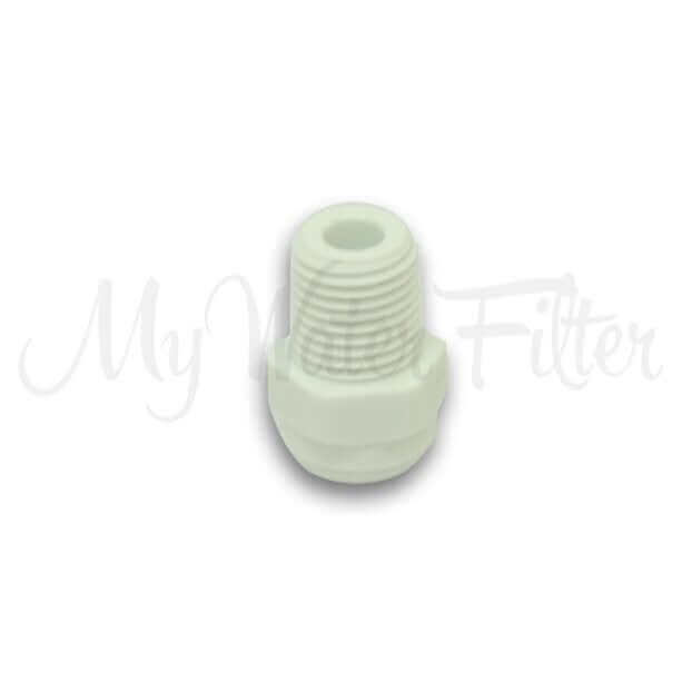 A John Guest Straight Adaptor with a 1/4" thread to 1/4" push-in tube connector.