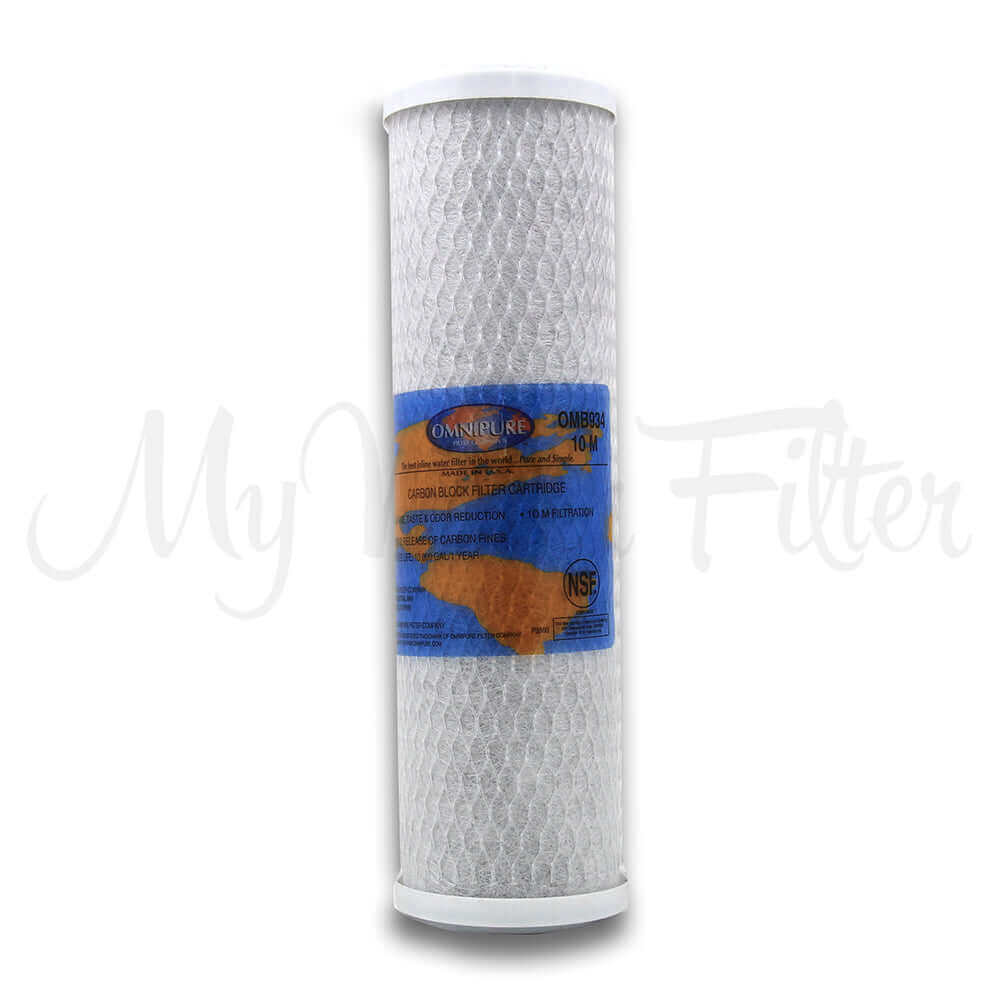 A white cylindrical Omnipure OMB934 5 Micron Carbon Block Water Filter Replacement in 10" x 2.5"