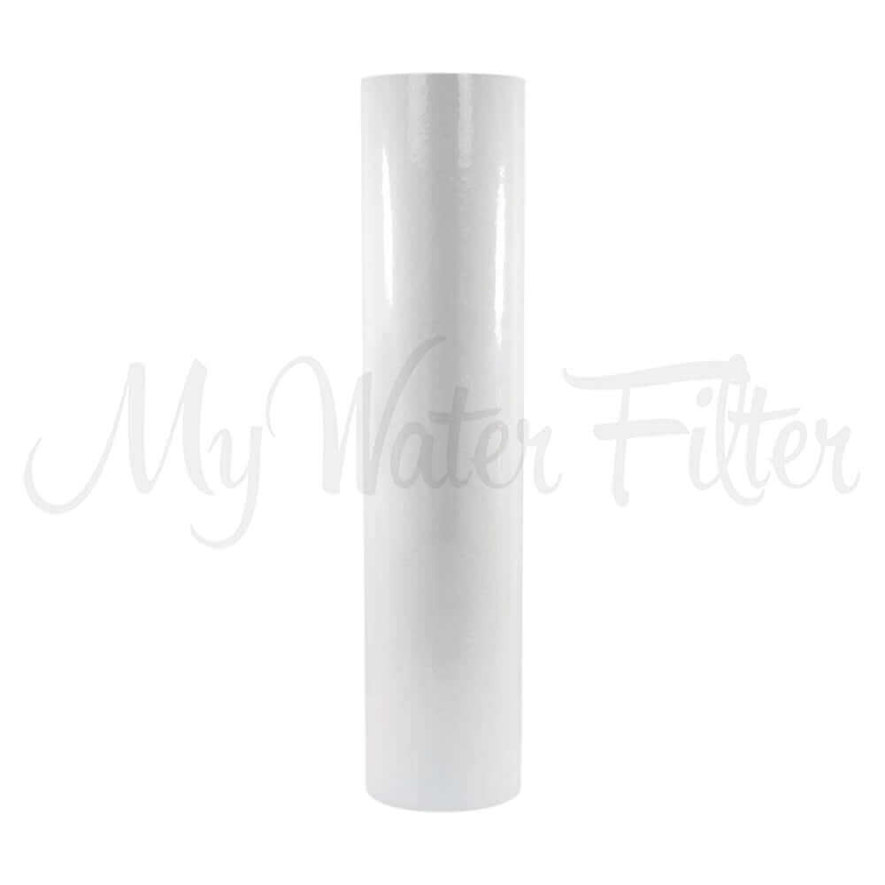 A white cylindrical 1 Micron Polyspun Sediment cartridge in 20" x 4.5" to suit Whole House Water Filter.