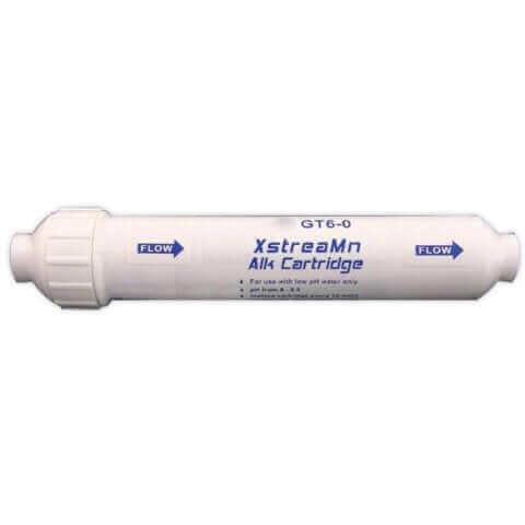 A white water filter cartridge with flow direction arrows, compatible with the Replacement Cartridge Pack for the 5 Stage Reverse Osmosis Water Filter System with Alkaliser.