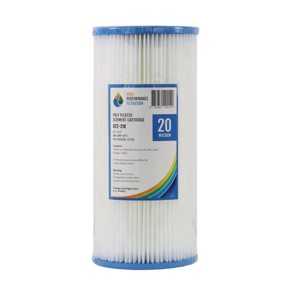 White cylindrical pleated sediment filter cartridge with a blue cap, labeled with information for the HPF Pleated Sediment Whole House Water Filter Replacement Cartridge 10
