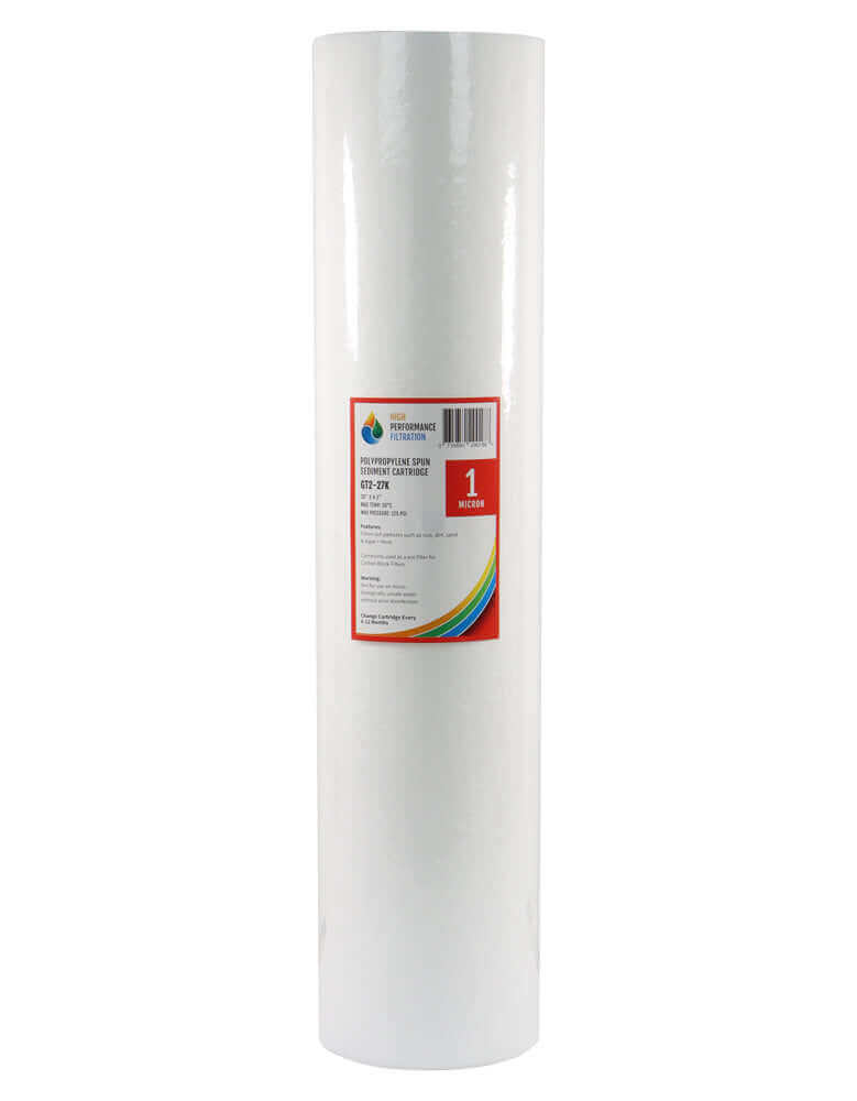 HPF Polyspun Sediment Filter Cartridge 20" x 4.5" in white and a red label.