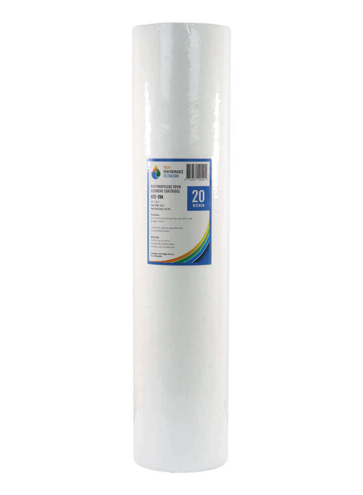 HPF 20 Micron Polyspun Sediment Whole House Water Filter Replacement Cartridge, labeled "High Performance Filtration," standing upright on a white background.