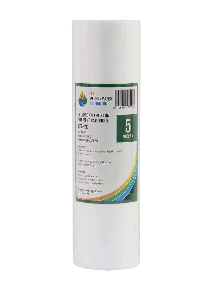 White HPF Polyspun Sediment Water Filter Replacement Cartridge (10" x 2.5") labeled "5 Micron".