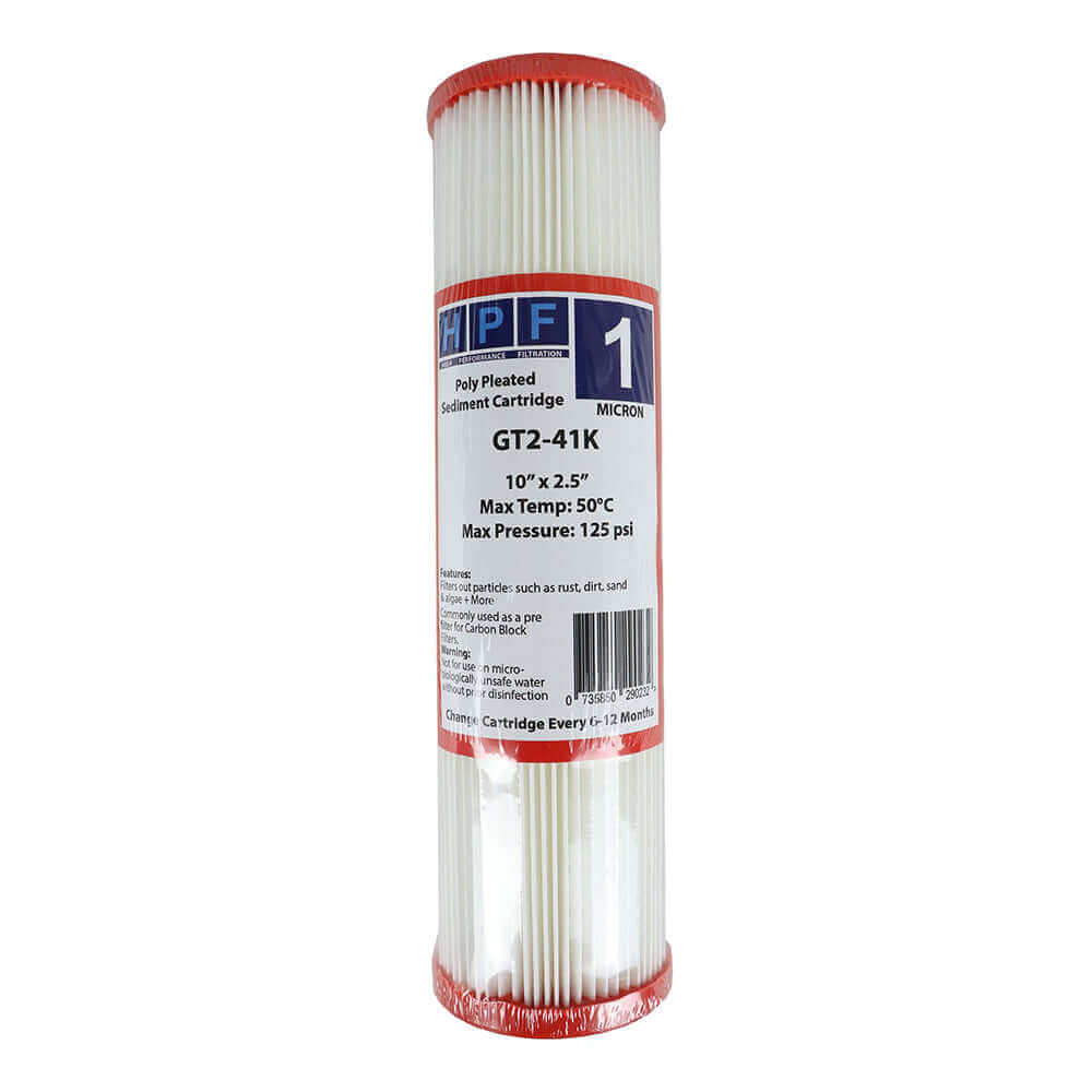 The HPF 1 Micron Pleated Sediment Water Filter Replacement Cartridge, available in a white cylindrical shape with labeled specifications