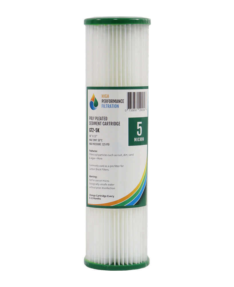 A HPF 5 Micron Pleated Sediment Water Filter Replacement Cartridge 10" x 2.5" with a high performance filtration label and a poly pleated design.