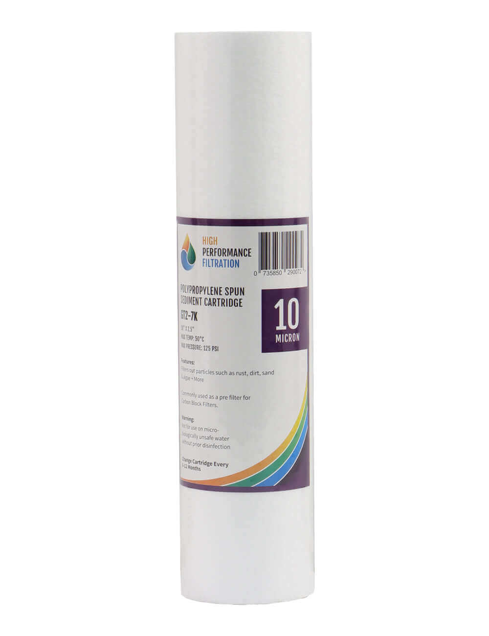 A white cylindrical polypropylene spun sediment filter cartridge, labeled as the "HPF 10 Micron Polyspun Sediment Water Filter Replacement Cartridge 10" x 2.5"," designed for high-performance filtration with a 10-micron rating.