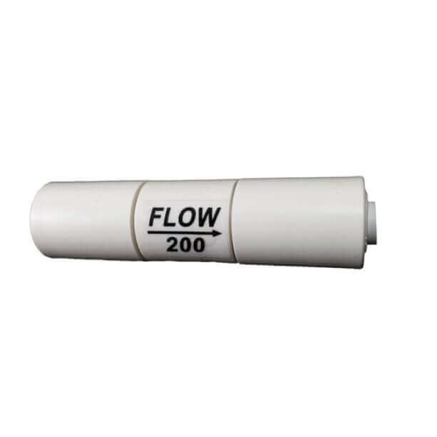 White cylindrical Flow Restrictor designed to fit Reverse Osmosis Water Filter Systems and featuring built-in 1/4" tube connections.