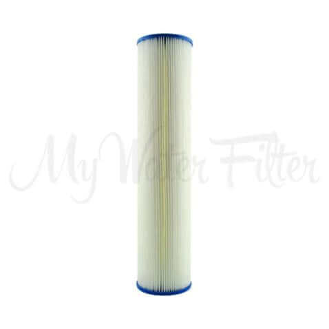 A Unicel 10 Micron Pleated Sediment Whole House Water Filter Replacement Cartridge featuring a cylindrical design with blue end caps set against a white background.