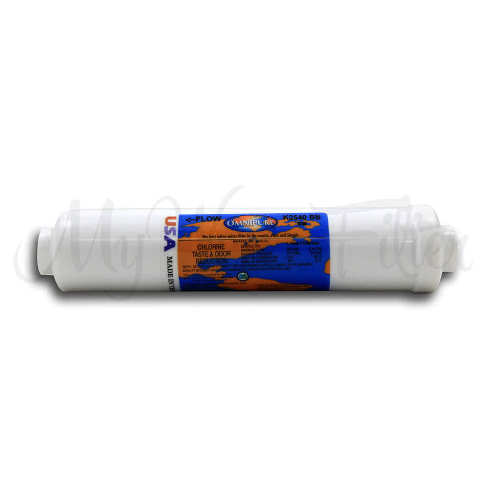The Omnipure Inline Filter K2540 SS is a 10" cylindrical water filter with a blue label featuring chlorine taste and odor reduction details, including 5 micron granular activated carbon and 1/4" elbow push-in connections.