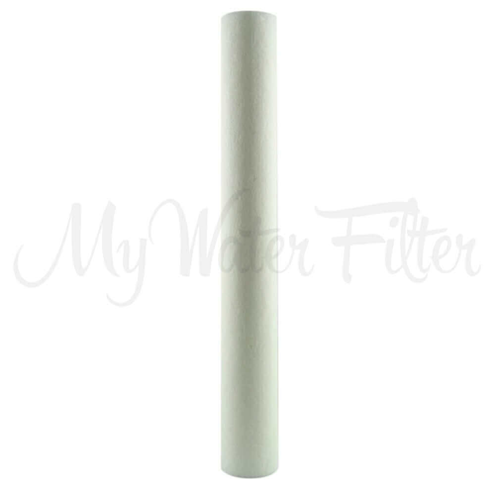 The HPF 20 Micron Polyspun Sediment Whole House Water Filter Replacement Cartridge, a vertical white cylinder featuring high-performance filtration, is set against a plain white backdrop and measures 20" x 2.5".