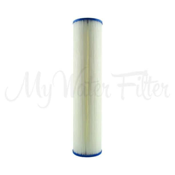 A Unicel Pleated Sediment Whole House Water Filter Replacement Cartridge, 20" x 4.5", featuring blue caps on both ends, stands against a white background.