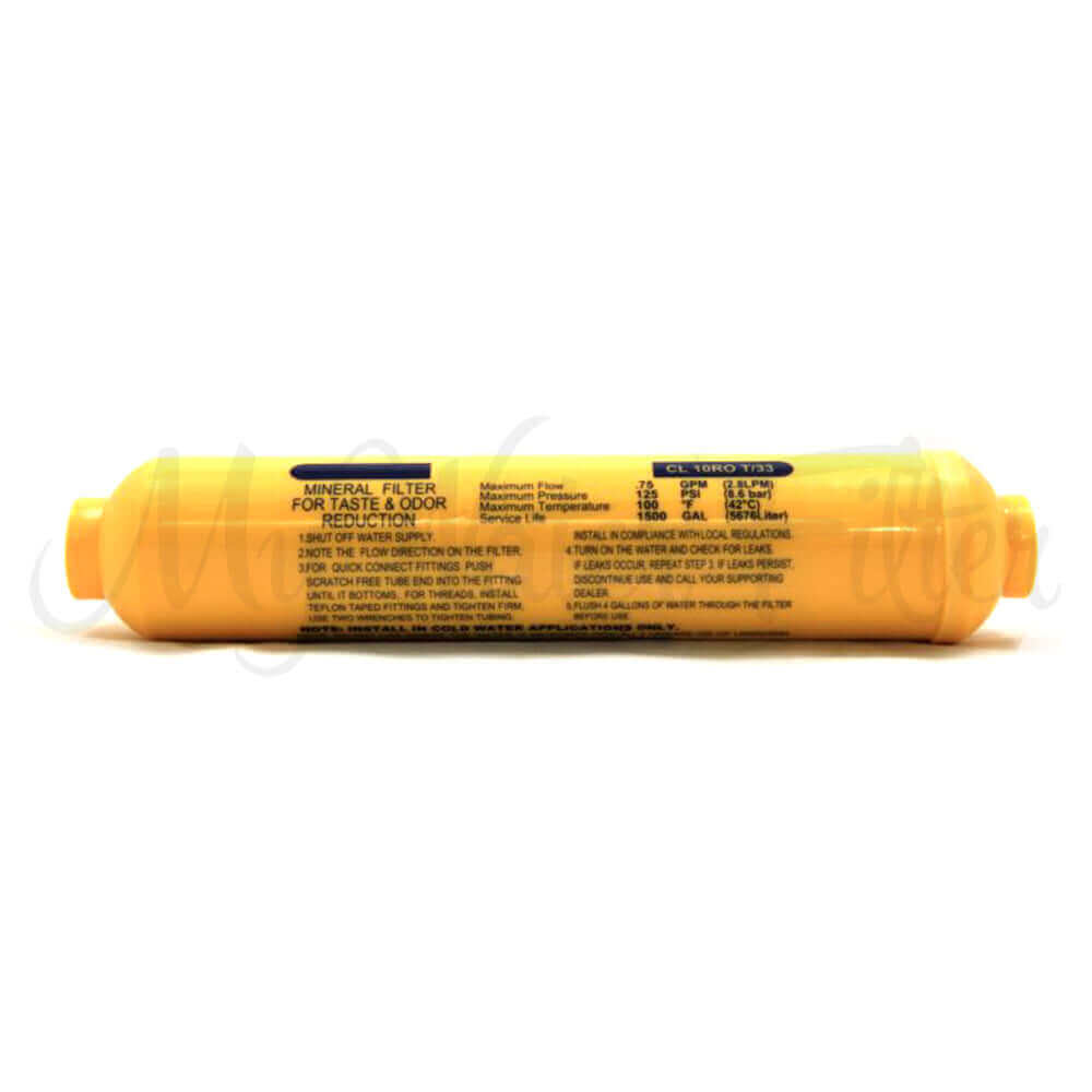 A yellow mineral cartridge as part of the Replacement Cartridge Pack for the RO 5000 Bench Top Reverse Osmosis Pure Water System with Added Minerals & Low Alkaline designed to improve taste and reduce odors.