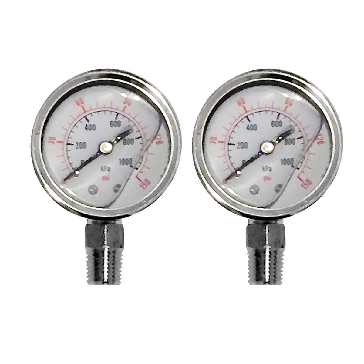 Two water filter pressure gauges with white dials featuring black and red numbers, each equipped with threaded connectors.