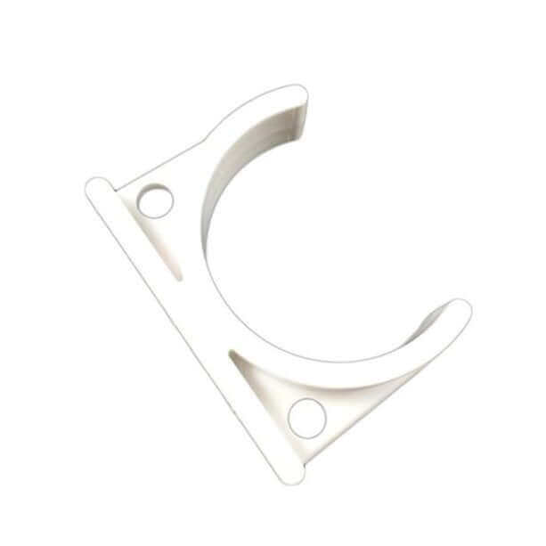 The wall Bracket Inline Clips is white plastic, with a semi-circular holder and two mounting holes.