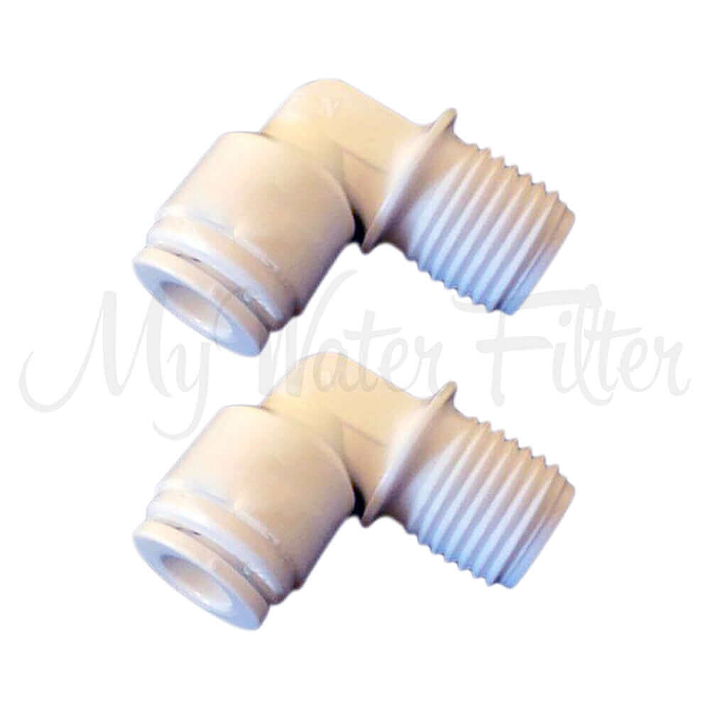 Two elbow connectors from 2 x 1/4" Thread x 1/4" push in elbow, made of white plastic for water filters