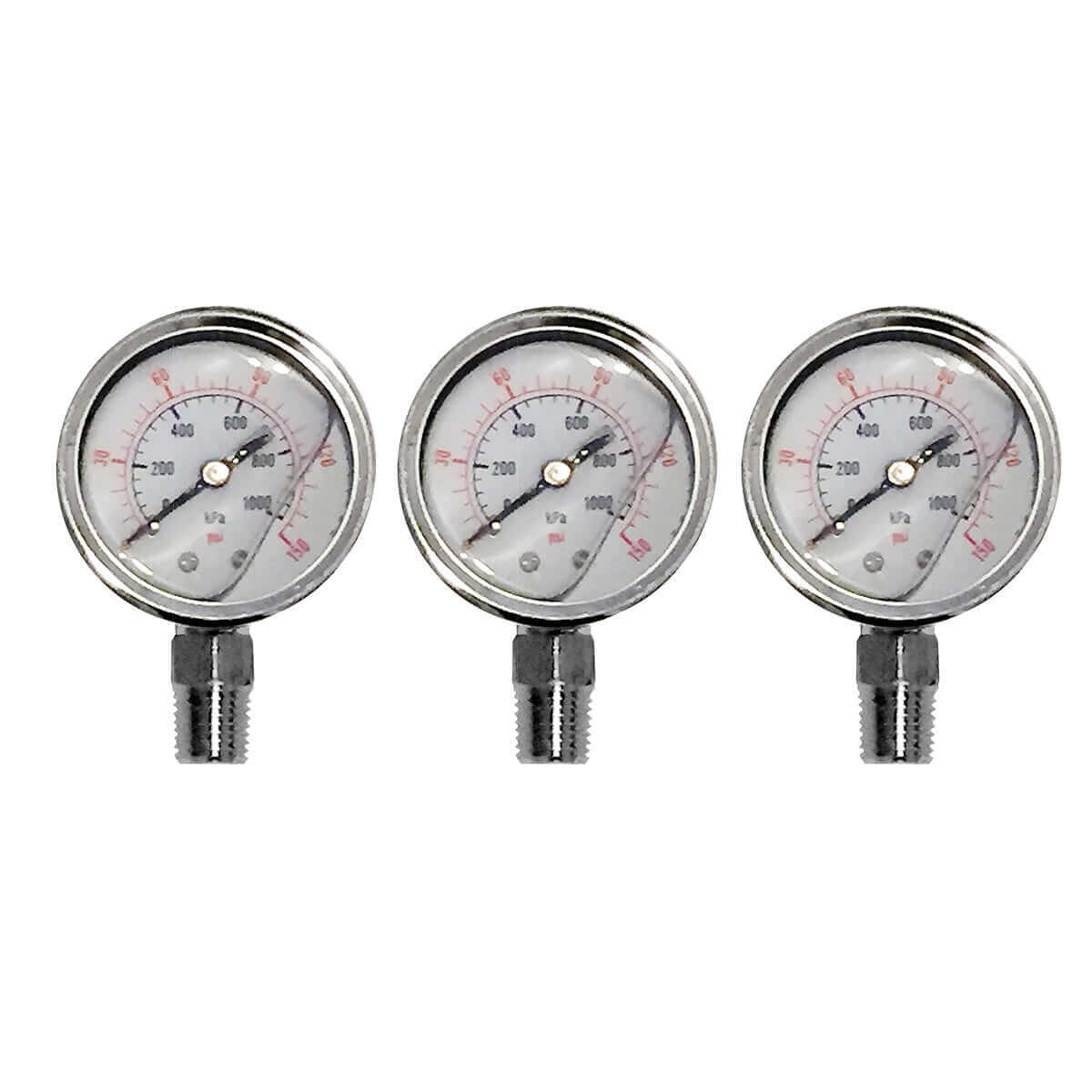 Three water filter pressure gauges, in chrome, with white faces and black/red markings, aligned in a row.