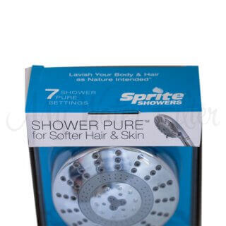 Sprite Pure 7 Stage Hand Held Shower Head by Sprite offers a refreshing shower experience with seven settings and comes in blue packaging, featuring a product image. Equipped with a 7 Stage Shower Filter, it promotes softer hair and skin.