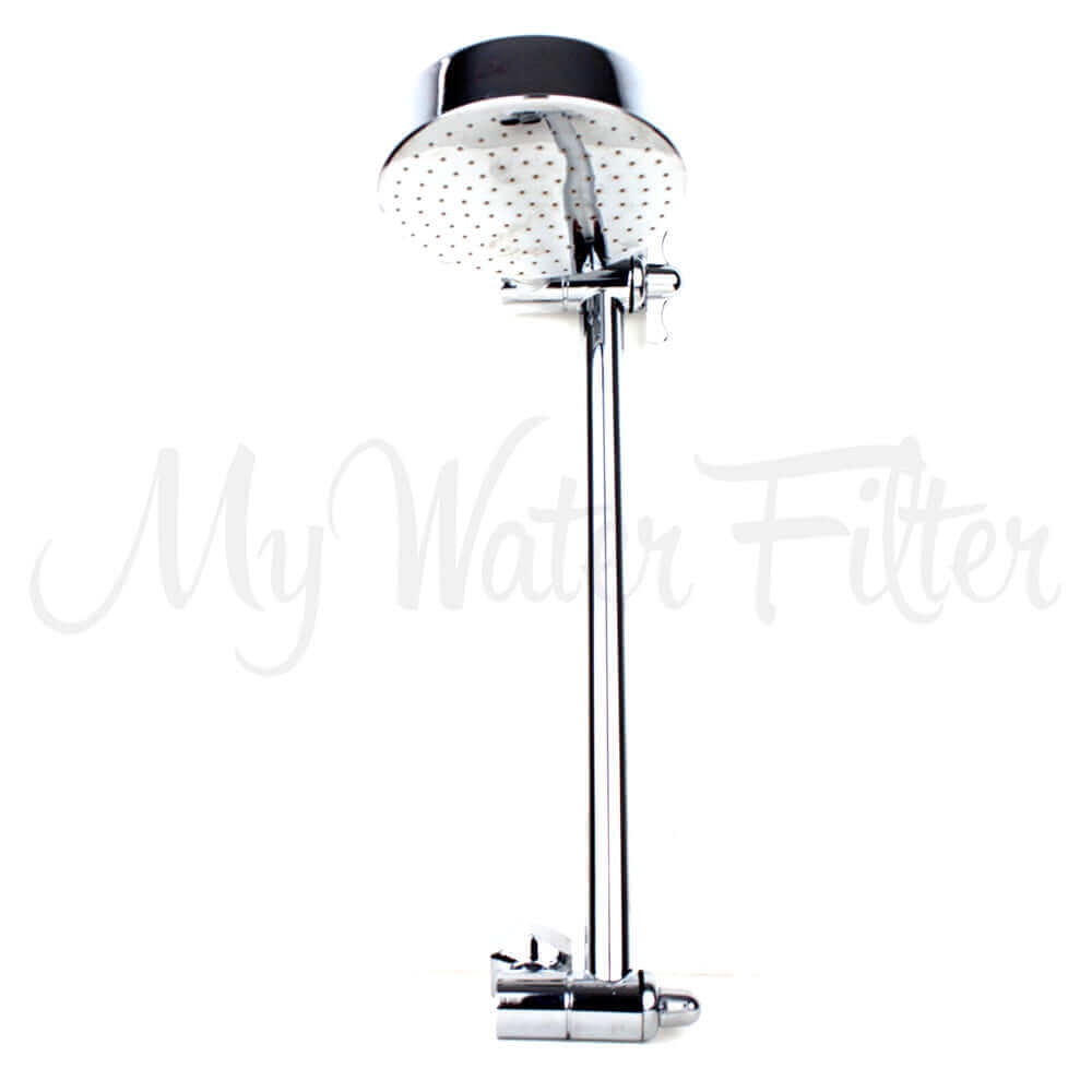 Standard All Directional Shower Head with Arm, a sleek chrome shower accessory designed to elevate your bathroom experience. This versatile fixture features a round sprinkler mounted on an adjustable vertical rod.