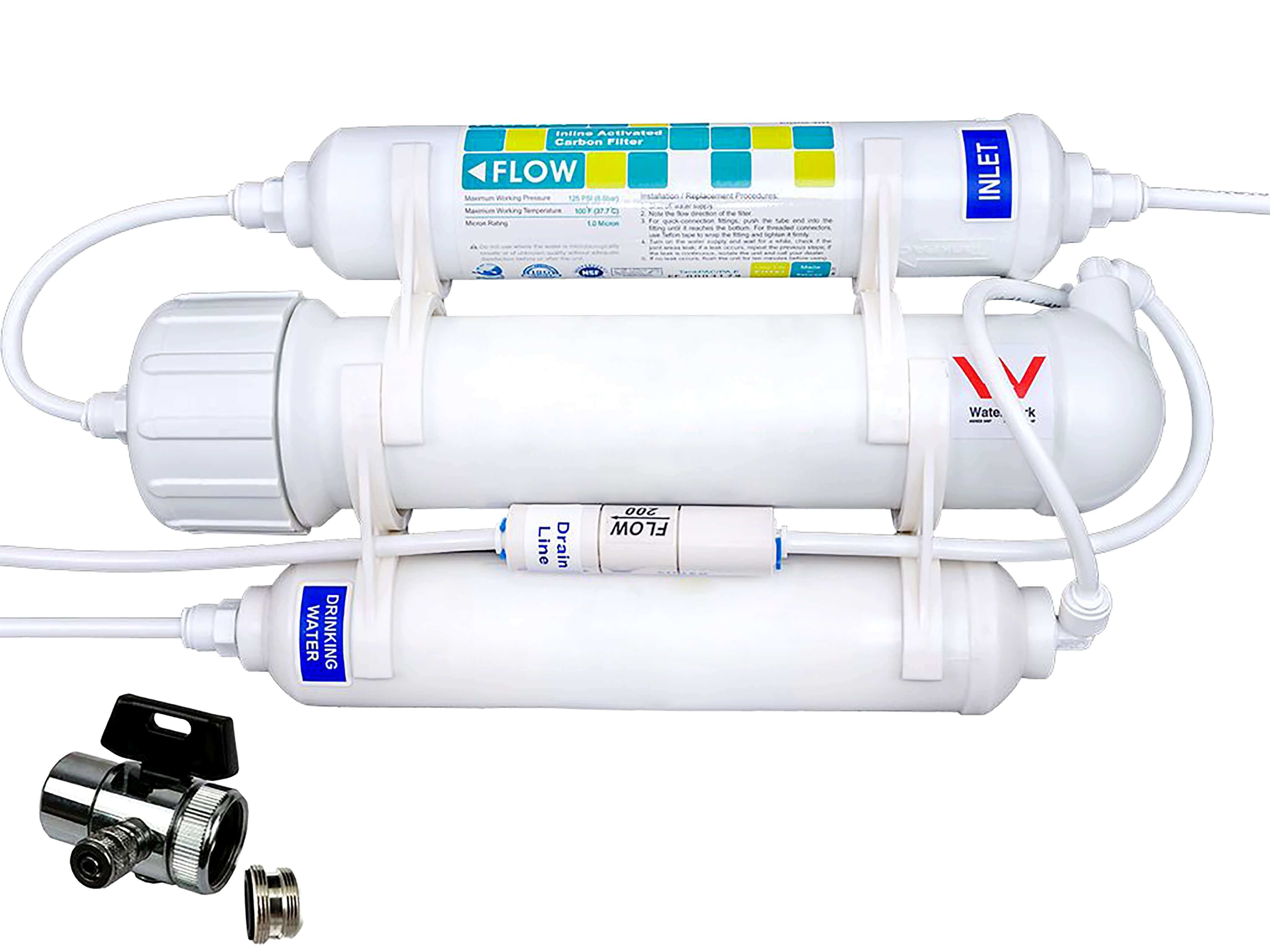 3 Stage Portable Reverse Osmosis Water Filter System with Alkalising Filter, featuring multiple cylindrical filters and connecting tubes, along with adaptor fittings