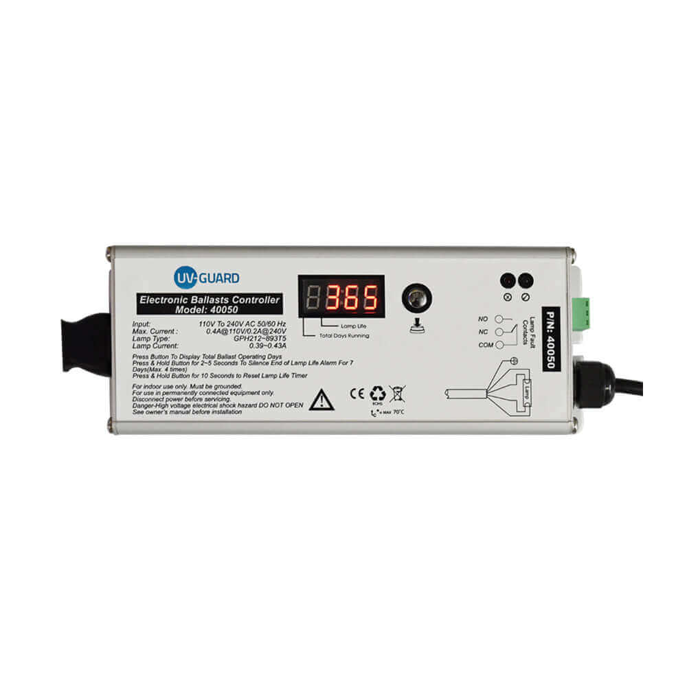 UV Guard UV Controller 40050 features Lamp On-Off LEDs, Lamp Fail Alarm, a Digital Lamp Life Timer, and BMS Fault Connections.
