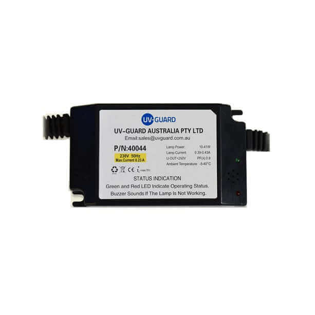 The black UV Guard UV Basic Controller 40044 features Lamp On-Off LEDs and a Lamp Fail Alarm, with specifications labeled for SLT2, 30, & 40 models (requires shelter).
