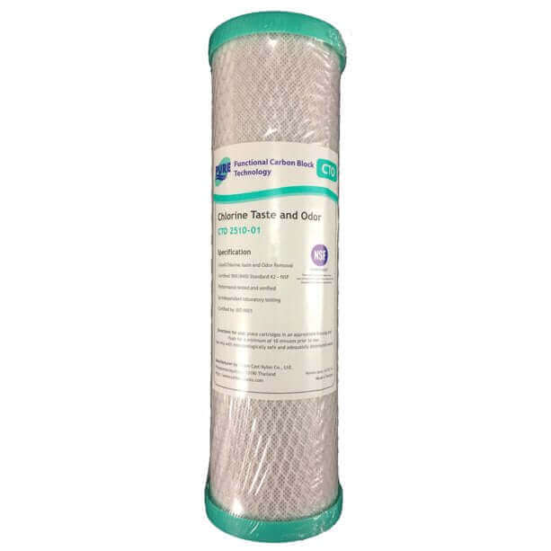Pure CTO Coconut Carbon Block Water Filter Replacement Cartridge (10" x 2.5"), featuring white cylindrical design with green caps, is labeled "Chlorine Taste and Odor" and equipped with "Functional Carbon Block Technology.