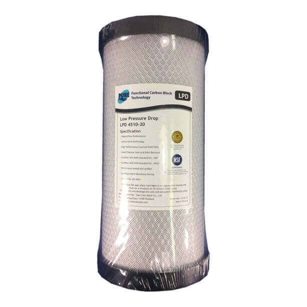 Pure LPD 20 Micron Low Pressure Carbon Block Whole House Water Filter Replacement Cartridge (10" x 4.5") with detailed specifications and NSF certification.