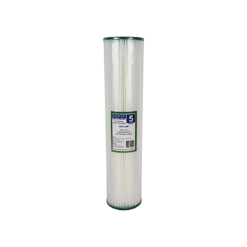 A white cylindrical water filter with green ends and a central label. It's the HPF 5 Micron Pleated Sediment Whole House Water Filter Replacement Cartridge, measuring 20" x 4.5".