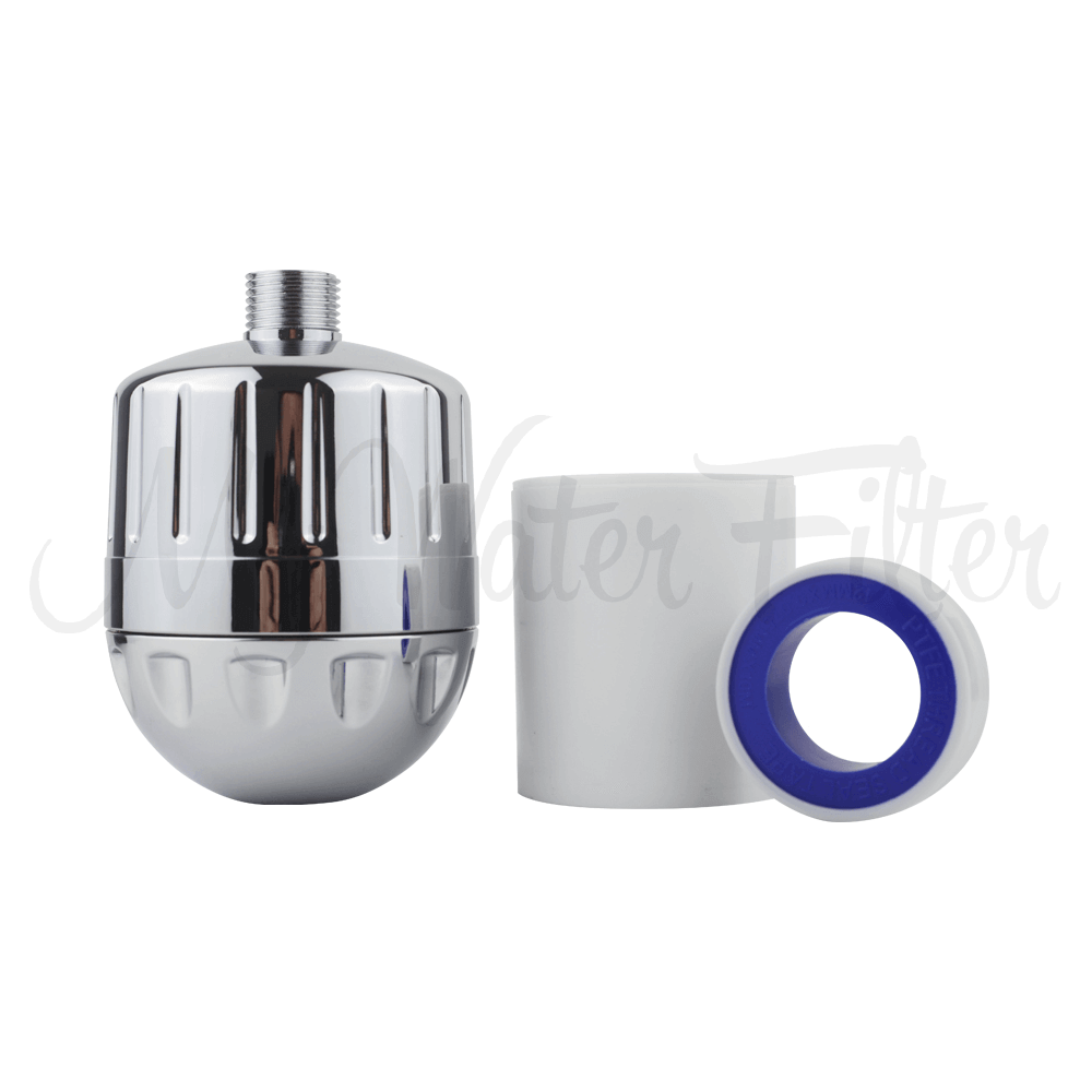 Deluxe Chrome Shower Filter, complete with a smooth white connector and tape, crafted for chlorine-free showers against a minimalist backdrop.