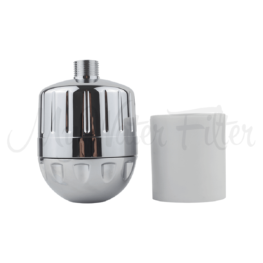 Deluxe Chrome Shower Filter, accompanied by its white cartridge and displayed against a simple backdrop, ensures a refreshing shower experience free from chemicals.