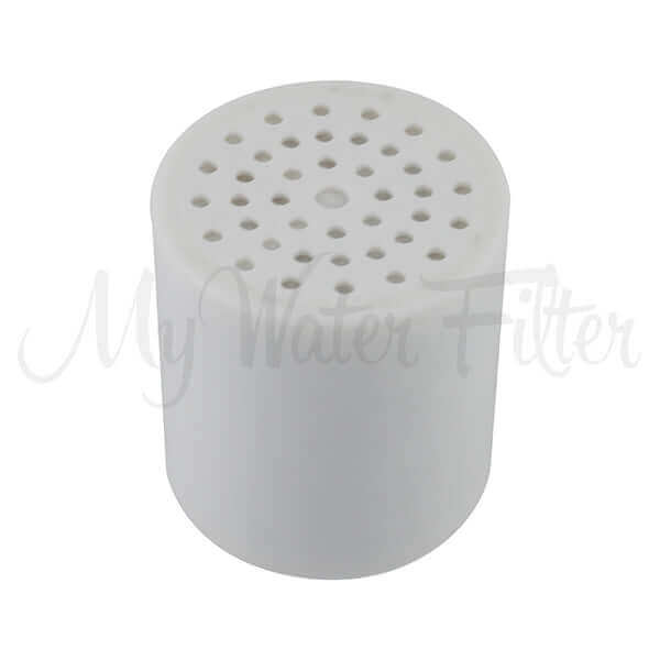 A replacement cartridge of Deluxe Chrome Shower Filter featuring a white cylindrical design and a perforated top.