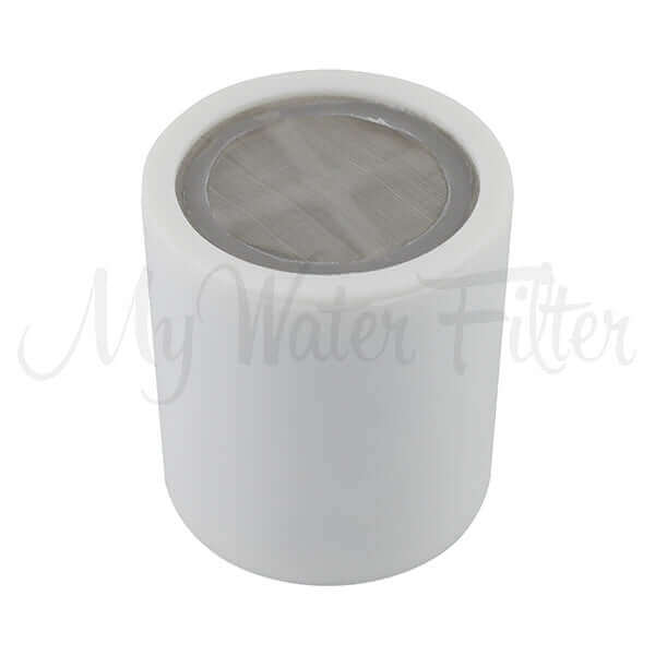 A white cylindrical Deluxe Chrome shower filter cartridge with a metallic top