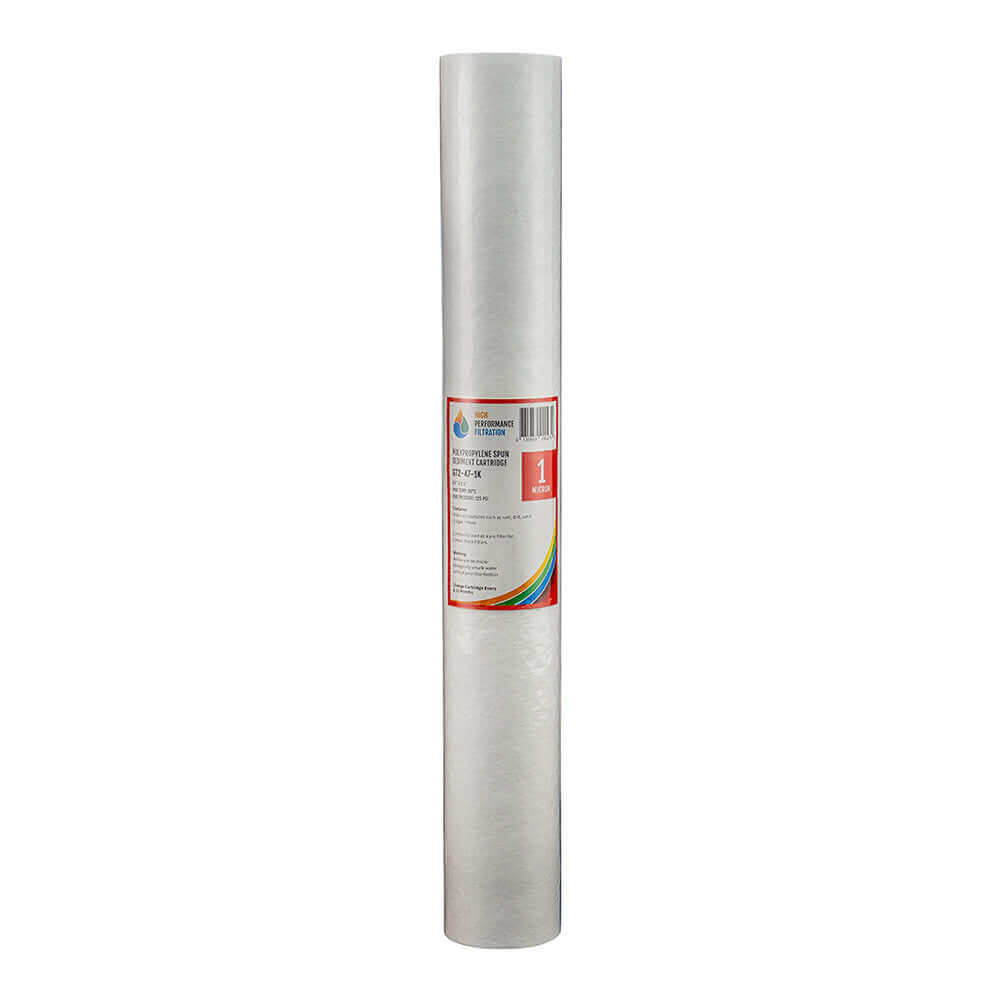 The HPF 1 Micron Polyspun Sediment Whole House Water Filter Replacement Cartridge 20" x 2.5", branded as High Performance Filtration, with its red label, is positioned upright against a plain background.