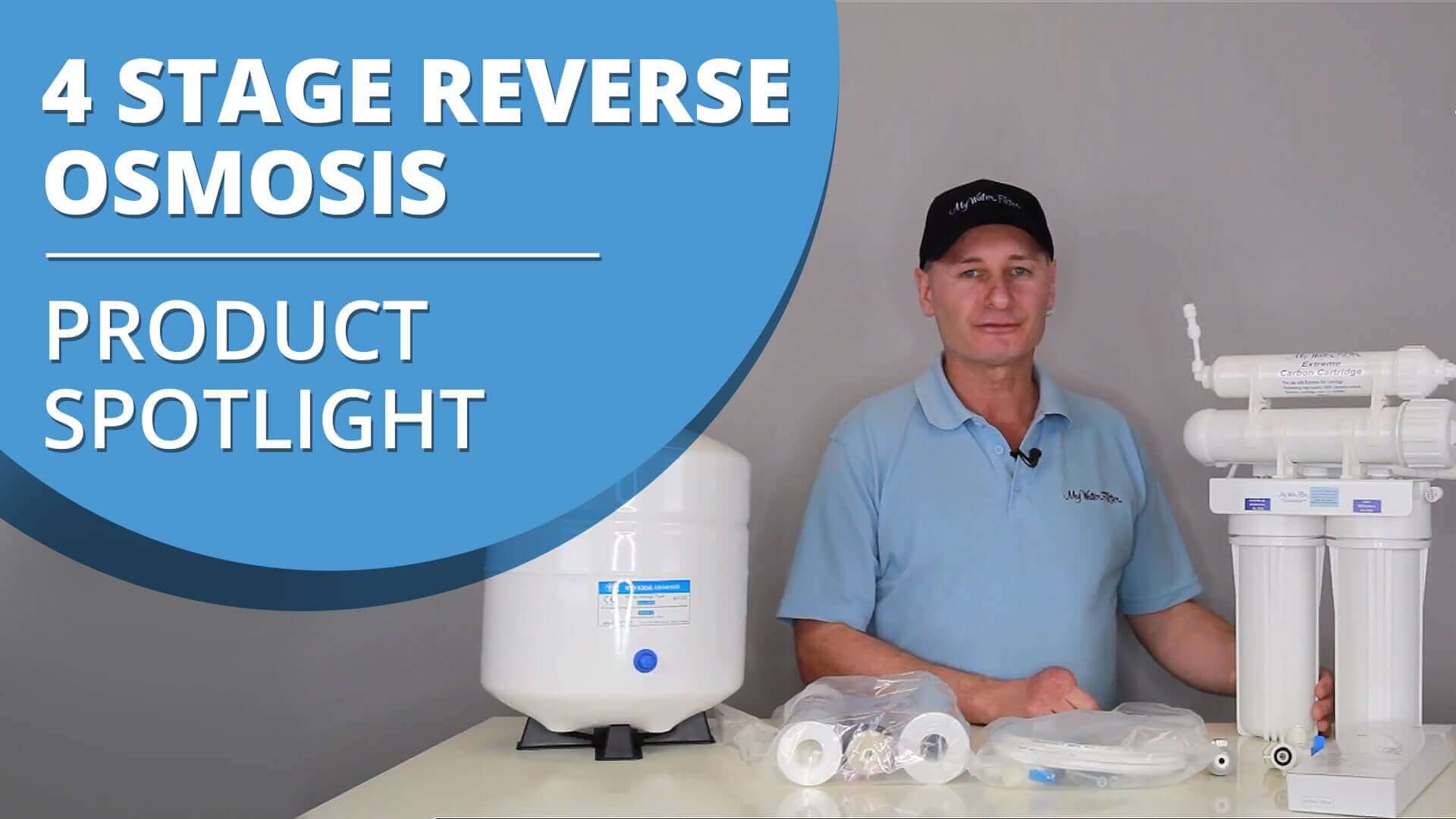 Rod from My Water Filter is showcasing 4 Stage Reverse Osmosis Under Sink Water Filter System with components on a table.
