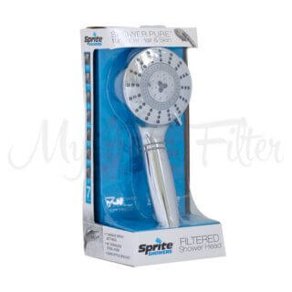 The Sprite Pure 7 Stage Hand Held Shower Head from Sprite boasts a filtered shower head with a white and blue packaging design. It comes equipped with a 7 Stage Shower Filter, promising an improved and invigorating shower experience.