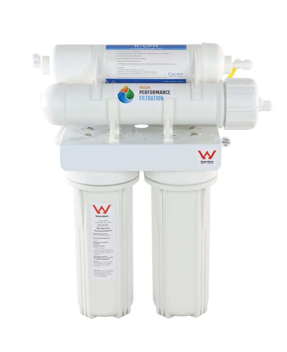 "HPF 4 Stage Reverse Osmosis Water Filter System with dual filter cylinders for chloramine removal and low alkaline pH water."