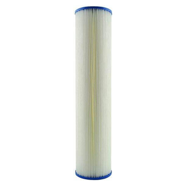 A cylindrical white 5 Micron Pleated Sediment Whole House Water Filter Replacement Cartridge, measuring 20