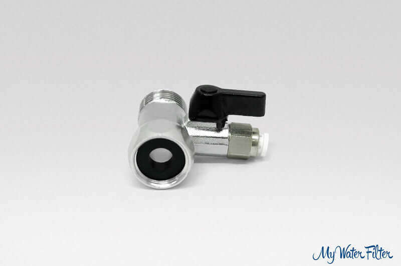A quick connect T-piece in chrome with a black lever and threaded end.