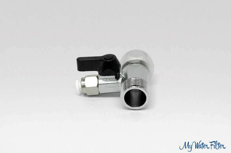 Close-up of a chrome Plumbing Connector T-piece with a black lever