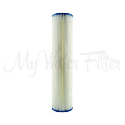 A cylindrical white 5 Micron Pleated Sediment Whole House Water Filter Replacement Cartridge, measuring 20" x 4.5", featuring blue caps on each end.