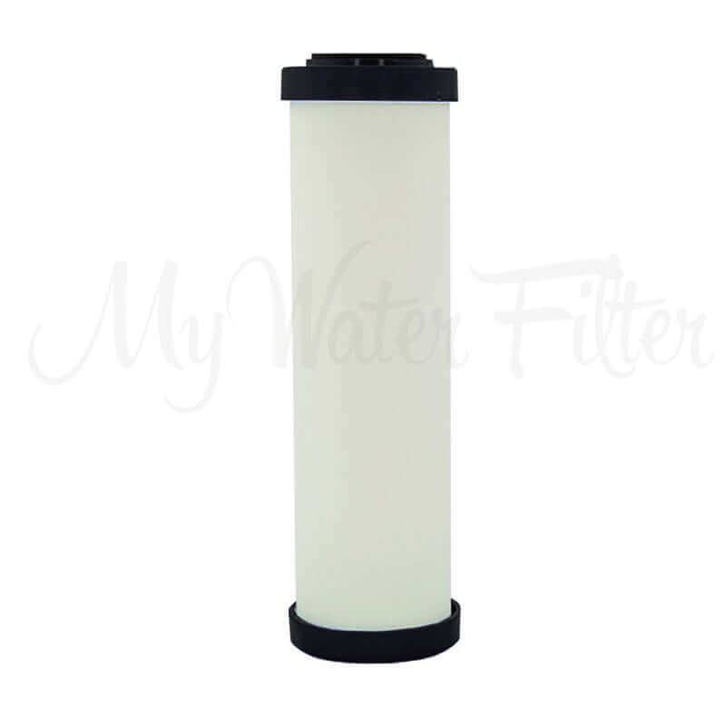 A Doulton replacement cartridge as part of the Ultracarb 0.5 Micron 10" triple benchtop/under sink water filter, featuring stylish black end caps.