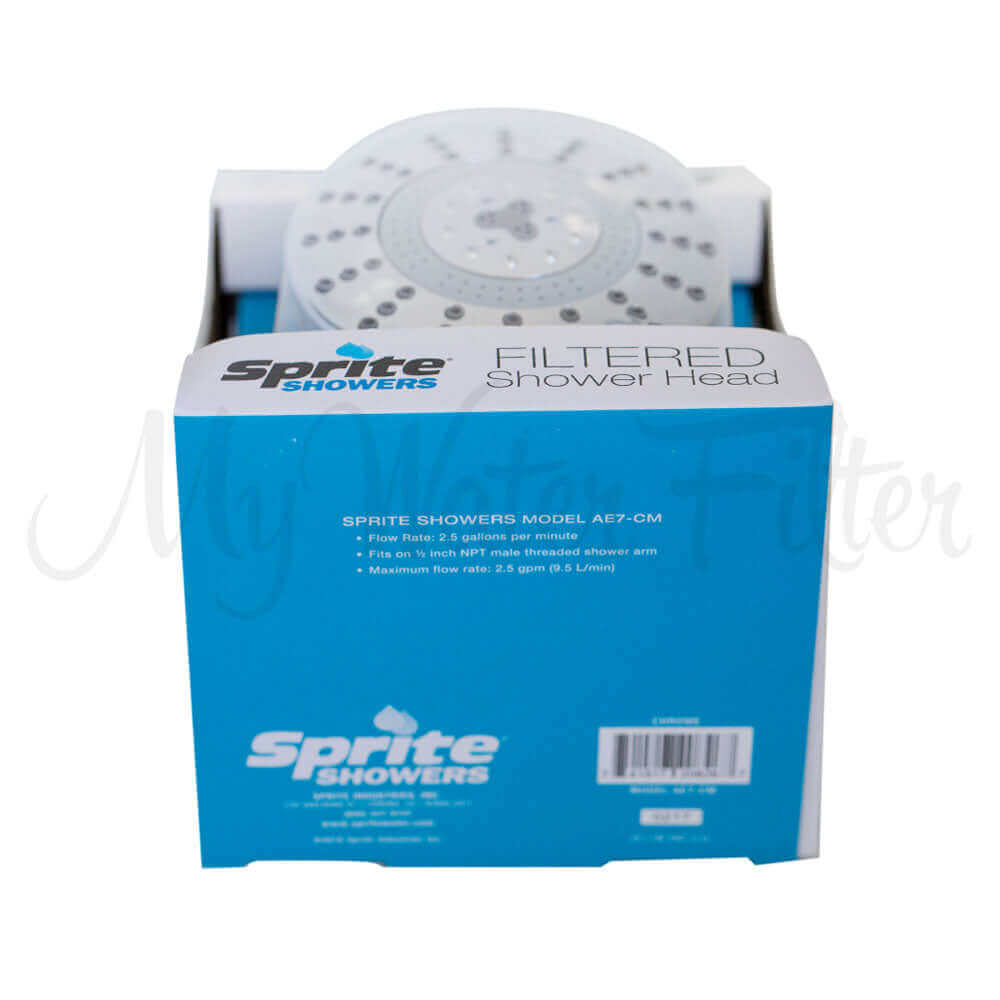 The Sprite Pure 7 Stage Fixed Shower Filter, packaged in a blue and white design, delivers top-notch water filtration right from the package.