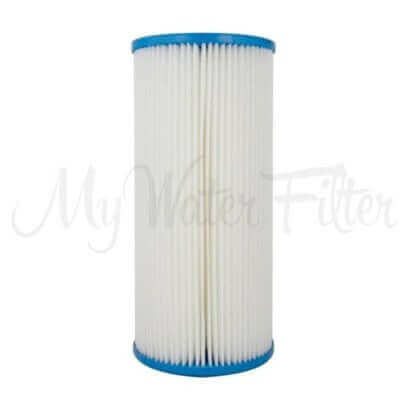 High Performance Filtration cartridge featuring a white cylindrical design and blue ends, offered by HPF 20 Micron Pleated Sediment Whole House Water Filter Replacement Cartridge measuring 10" x 4.5".