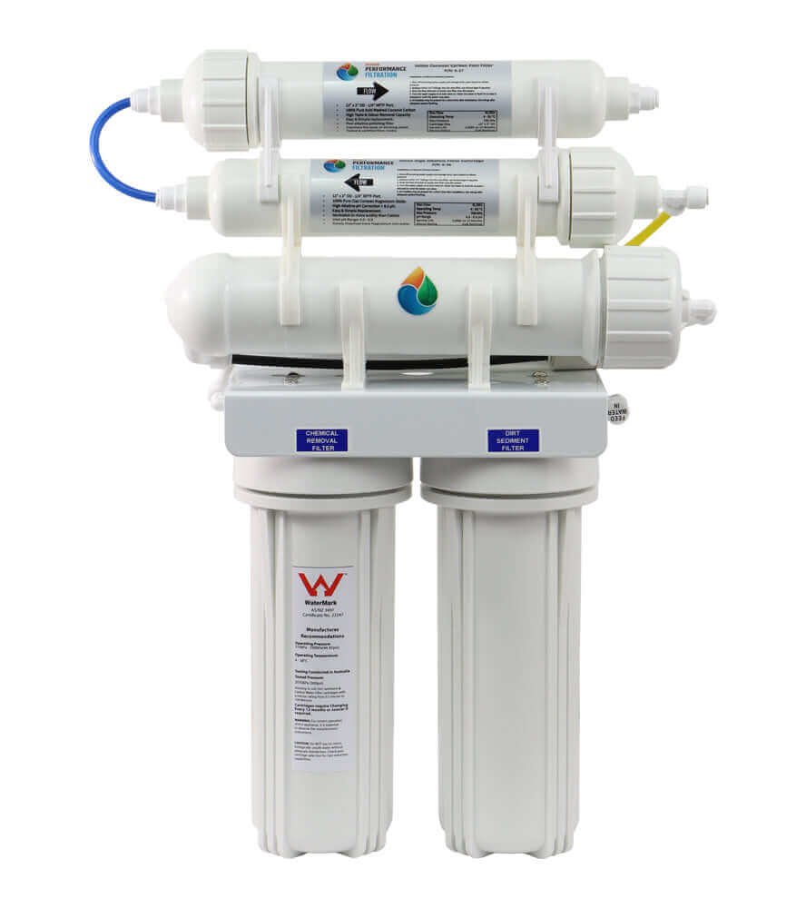 HPF 5 Stage Reverse Osmosis Water Filter System with Alkaliser, includes filter cartridges and tubes.