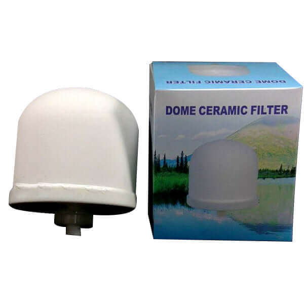 The Ceramic Water Filter Replacement Candle for the 6 and 7 Stage Multi Use pH Elevation Benchtop Gravity Water Filter is shown next to its packaging featuring a nature background design.